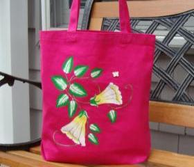 Magenta Tote Bag With Yellow and White Flowers