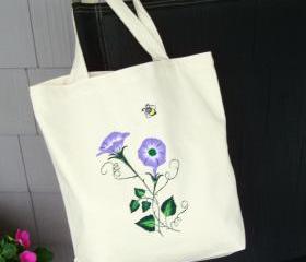 Canvas Tote Bag Purse With Lavender Morning Glories