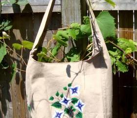 Painted Khaki Hobo Bag With Blue and White Flowers