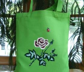 Green Tote Bag with Red Rose and a Ladybug