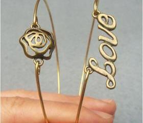 Love and Rose Brass Bangle 2 Bracelet Set