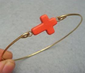 Orange Turquoise Cross Brass Bangle Bracelet