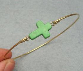 Green Turquoise Cross Brass Bangle Bracelet