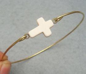 White Turquoise Cross Brass Bangle Bracelet