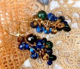 Beaded cluster earrings in royal blue, green, and gold