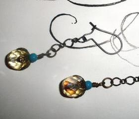 long dangle earrings amber and turquoise colors
