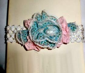 Baby girl headband - white lace headband blue and pink lace flowers - shower gift