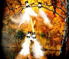 Feather Hair Extension clip in warm brown/white/black