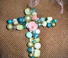 Beaded cross ornament large pendant polymer clay roses vintage beads