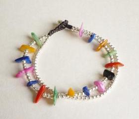 Rainbow Bracelet in Silver - Double Strands of Colorful Dyed Mother of Pearl Chip Beads and Silver Plated Beads with Wax Cord Bracelet