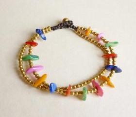 Rainbow Bracelet in Gold - Double Strands of Colorful Dyed Mother of Pearl Chip Beads and Brass Beads with Wax Cord Bracelet