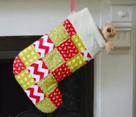 Stocking - Patchwork Stocking - Red and Green - 'Run Rudolph Run'