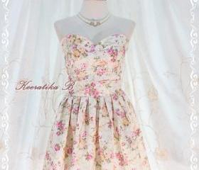 A Lovely Queen - Strapless Classic Cocktail Dress Light Cream Playful Glamorous Floral Print Giant Bow Party Night Prom Wedding Bridesmaid