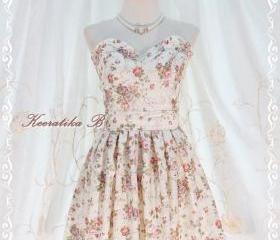 A Lovely Queen - Strapless Classic Cocktail Dress Light Cream Playful Glamorous Floral Print Giant Bow Party Night Prom Wedding Bridesmaid