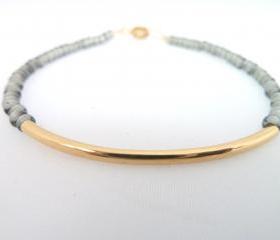 22k gold plated bar beaded bracelet /Silver Matte Grey seed beaded bracelet with a 22k gold plated curved bar