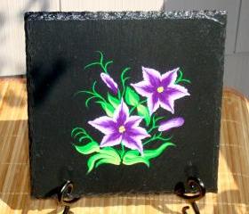 Black Trivet/ Spoon Rest With Painted Flowers