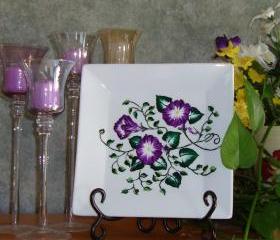 Square Decorative/ Ornamental/ Display Plate with Painted Flowers