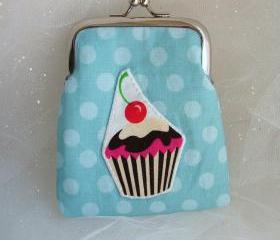 SALE - Blue Polka Dot Cupcake Coin Purse