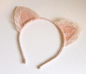 Nude vintage lace kitty ears headband.