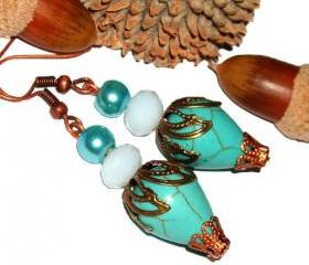 BUY 4 - GET 1 pair earrings FREE..Beautiful turquoise stone brass filigree unique dangle earrings- vintage look, cheap affordable gift