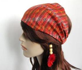 Island Head Wrap Mediterranean Design Headband Women's Dreadband Gypsy Hippie Bandana Brown Red Burnt Orange Cotton Print