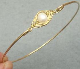 Pearl Bean Brass Bangle Bracelet