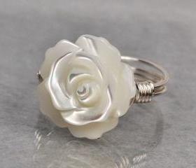 Wire Wrapped Sterling Silver Ring with White Mother of Pearl Carved Rose/Flower- Custom Made to Size