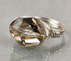 Sterling Silver Wire Wrapped Ring with Silver Shade Crystal- Custom Made to Size