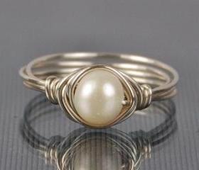 Pearl Sterling Silver Ring - Wire Wrapped White Freshwater Pearl- Custom Made to Size