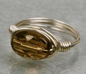 Wire Wrapped Sterling Silver Ring with Smoky Quartz Oval Gemstone- Custom Made to Size