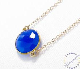 Blue onyx necklace: 22k Vermeil bezel set dark blue gemstone pendant