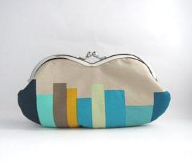 Frame sunglasses case/ Clutch Purse- stripe on beige -blue