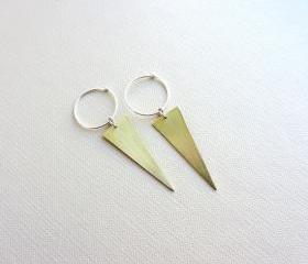 Gold Brass triangle earrings, Sterling silver hoop - Geometric jewelry