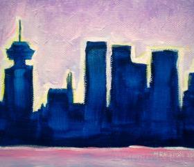 ORIGINAL Acrylic Painting Sundown Vancouver, 5x7 Colorful City Skyline Art