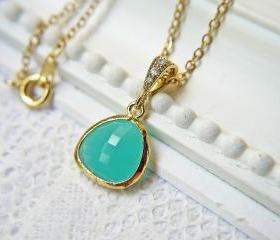 Mint Green Opal Glass Pendant Necklace. Matte Gold. Bridesmaid Necklace. Wedding Jewelry. Modern Simplicity.