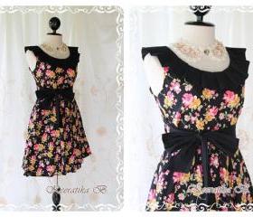 Floral Time - Sweet Cutie Floral Cotton Dress Vintage Inspired Black Pleated Collar With Floral Print XS-S
