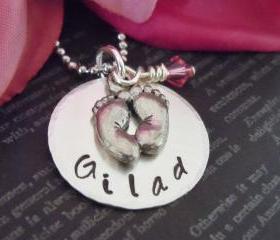 Hand Stamped-Personalized Necklace-Mother Necklace-Personalized Jewelry-Baby Necklace-Baby Feet-Baby Keepsake