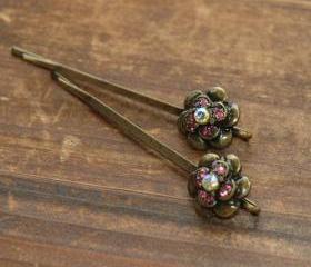 Red Rose Ruby Rhinestone Flower Bobby Pin