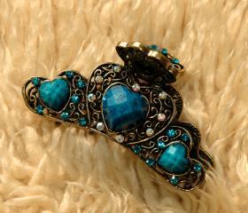 Teal Blue Stones and Rhinestone Filigree Claw Clip