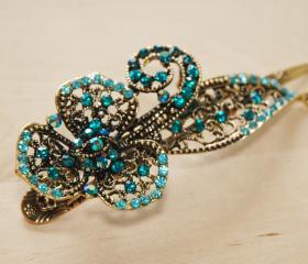 Teal Blue Gold Rhinestone Flower Blossom Duck Clip