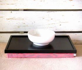 Laptop Lap Desk or Breakfast serving Tray - Black with White and Red Horizontal Striped Lycra Pillow