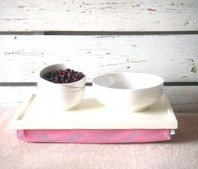 Laptop Lap Desk or Breakfast serving Tray - Off White with White and Red horizontal Striped Lycra Pillow