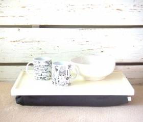 Breakfast serving or Laptop Lap Desk- Off White with Dark Grey Linen farbric- Custom Order