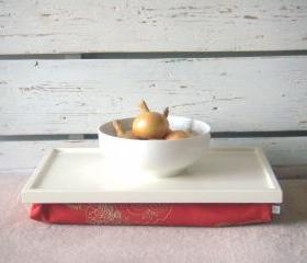 Wooden Laptop Lap Desk or Breakfast serving Tray - Off White with pastel Coral Linen Pillow with embroidery
