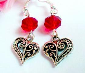 BUY 4 - GET 1 pair earrings FREE..Love red crystal antique silver heart charm valentine earrings- romantic elegant gift