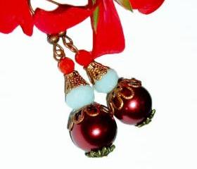 BUY 4 - GET 1 pair earrings FREE..Dark red crystal white brass filigree dangle earrings.handmade by i.p.