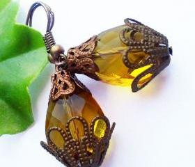 Filigree brass brown crystal drop teardrop brass filigree bridesmaid earrings-vintage look -affordable great gift