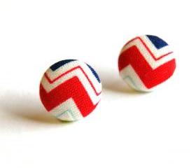 Chevron Fabric Covered Button Earrings - Red