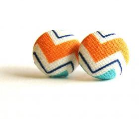 Chevron Fabric Covered Button Earrings - Orange
