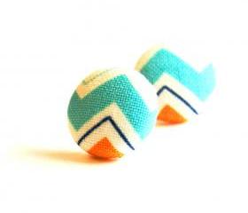 Fabirc Covered Button Stud Earrings Chevron Turquoise